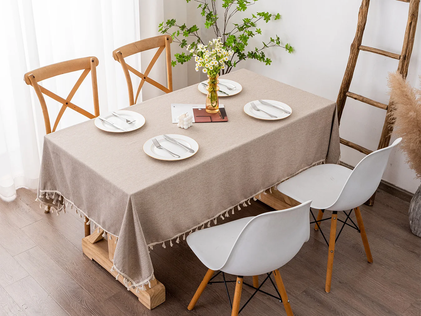 Coffee Embossed Tablecloths With Beige Tassels Restaurant Durable