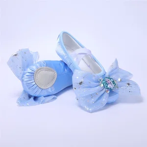 Girls' Soft-Soled Genuine Leather Outsole Satin Ballet Shoes for Children's Stage Use with Cotton Lining