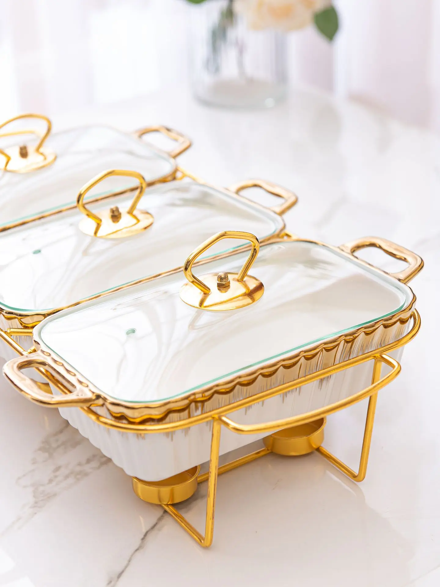 European Luxury Set Of 3 Pcs Ceramic Dry Pot Food Warmer Set Chafing Dish Cookware Sets Wedding