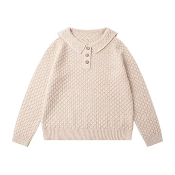 Girls' lapel sweater solid color outerwear jacquard woolen pullover European and American style autumn and winter baby top