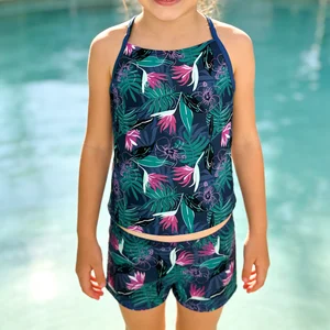 OEM Custom UPF50+ Girls' Two-Piece Swimsuit Cross-Back Halter Tropical Print Full Coverage Shorts Front Quick Dry Breathable