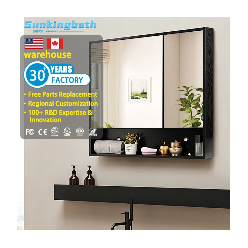 Hotel Black Bathroom Medicine Cabinet Mirrored 2 Door 30X26 Inch Aluminium Bathroom Mirror Cabinet with Adjustable Glass Shelves