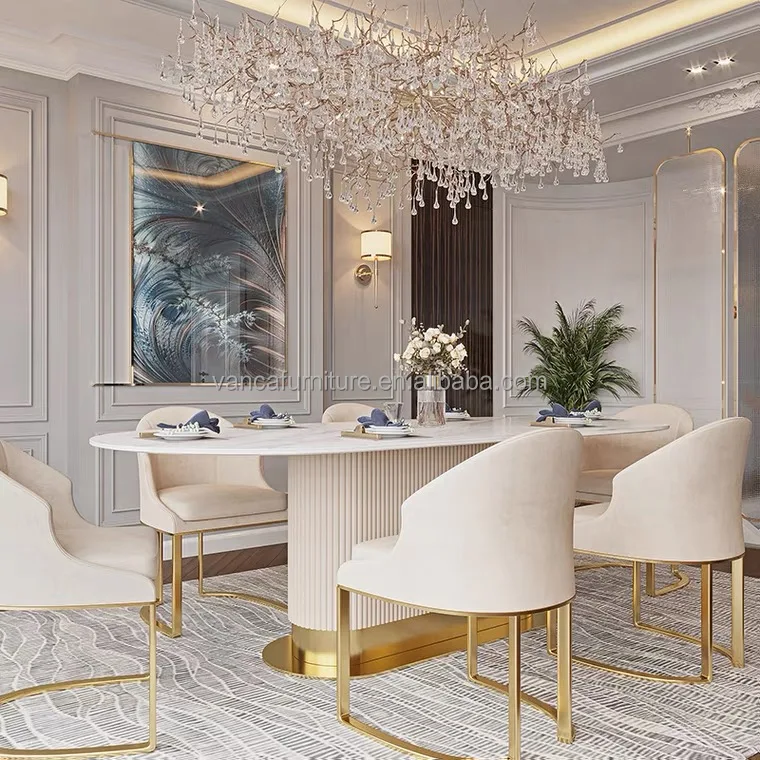 Dining Table Set High Quality 2022 Design Luxury Kitchen Furniture  Rectangular Marble Top Gold Metal Base Dining Table