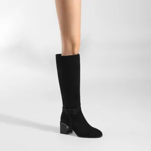 Moncheer Women's Black Suede Knee-High Boots with Strap Detail & Mid Block Heel