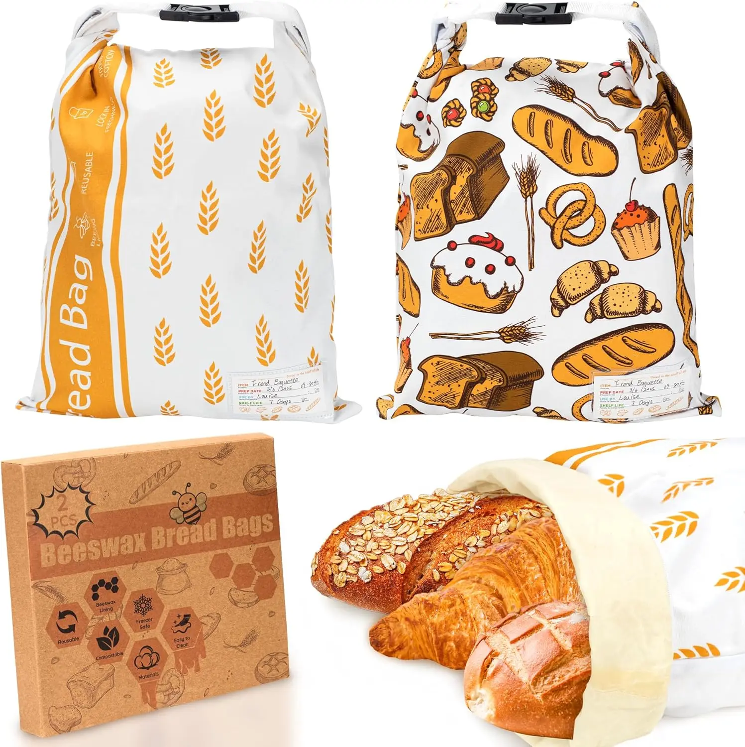 Large Beeswax Cotton Bread Bags | Reusable, Washable For Sourdough & Baguettes, Eco-Friendly Food Storage (13"x17")