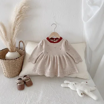 Spring Autumn 2025 New Style Girls' Princess Dress Stylish Warm Sweater Dress for Baby Girls Knee-Length with Sweet Ruffles