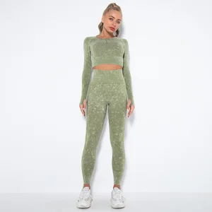 Two-Piece Seamless Yoga Set Solid Pattern with for Smiley Print Long Sleeve High Waist Leggings Fitness Top Elastic Waist