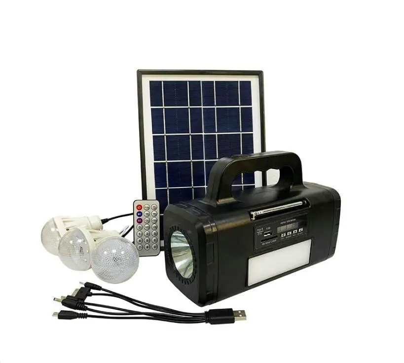 Portable Solar Lighting System Kit Complete with 3 Bulbs USB MP3 MF Radio Solar Energy Emergency Lights  10 in 1 Charge Cable