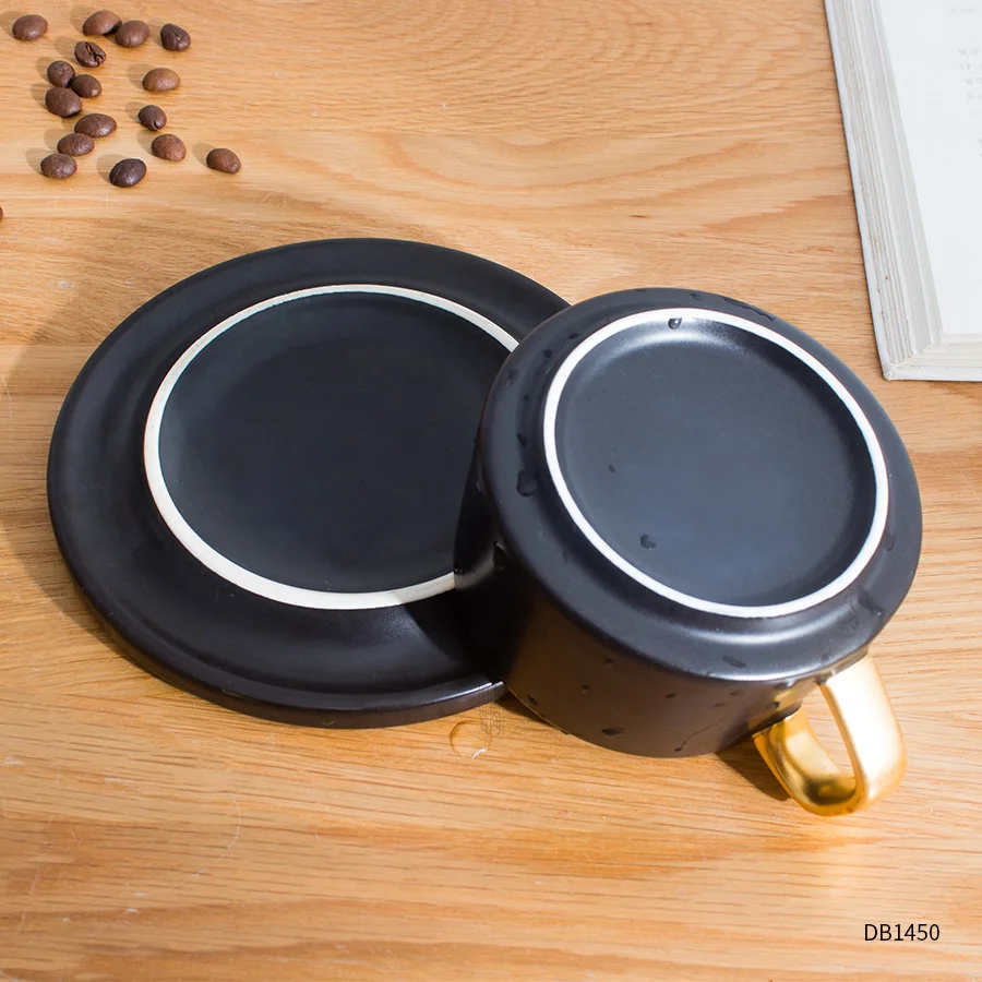9 oz Custom Gold Handle Elegant Cafe Hotel Ceramic Cappuccino Latte Coffee Cup and Saucer Set with Steel Spoon