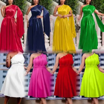 High quality European and American fashion women's diagonal shoulder solid color compression high waist sheath dress dress