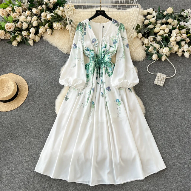 ZT1265 2024 early spring new niche elegant printed waist slim long age-reducing bubble sleeve high-end delicate dress