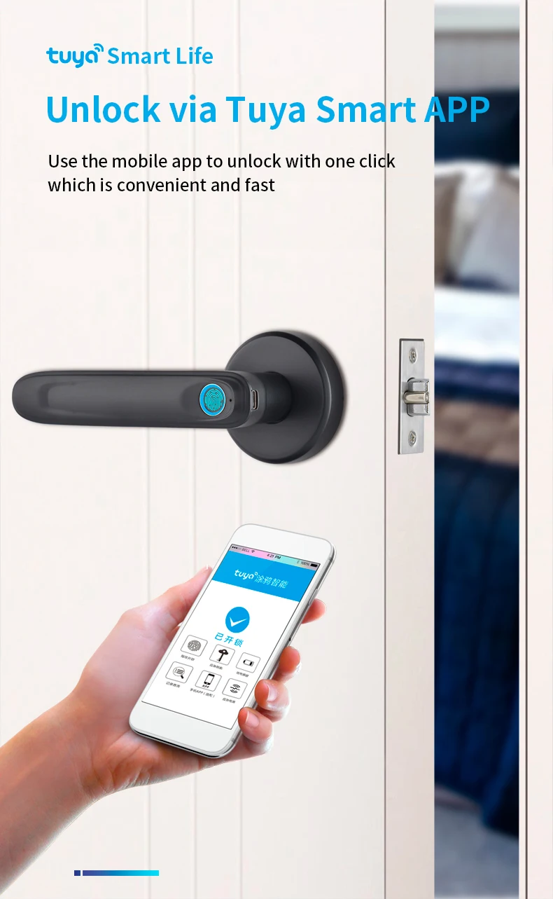 Qleung S607L Classic Black Tuya BLE APP Doorlocks Intelligent Fingerprint Key Smart Door Lock For Apartment Home Inside 4