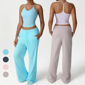 Drawstring Wide-Leg Yoga Pants Quick-Drying Suspender Sport Suit Women Casual Running Gym Workout Fitness Clothes Activewear Set