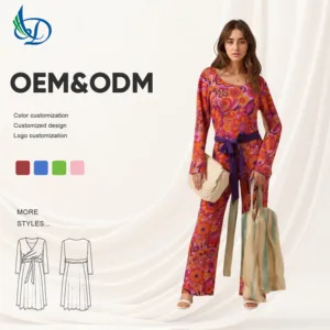 New Style High Waist Regular Fit Spaghetti Strap Casual Jumpsuit with Sashes Digital Printed Polyester Knit for Spring Season