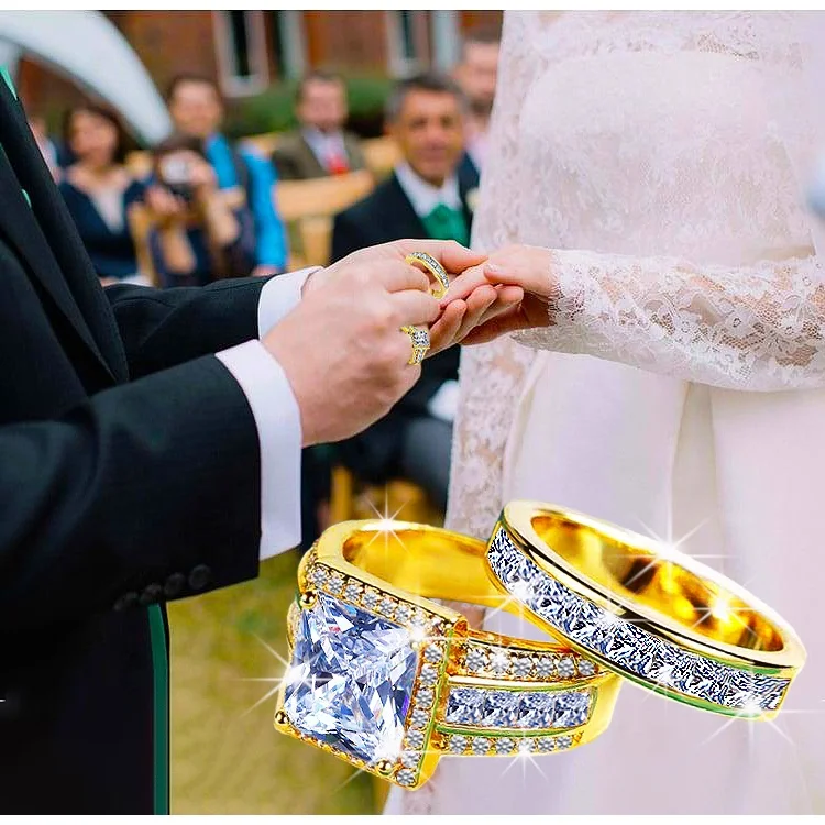 Luxury Square Cubic Zircon Diamond Couple Ring 18K Gold Plated