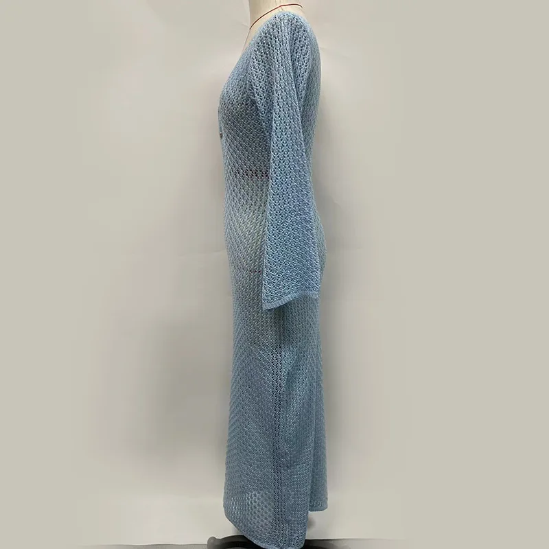 Women's Solid Color Hollow-out Strainer Long-sleeved Beach Knitted Top