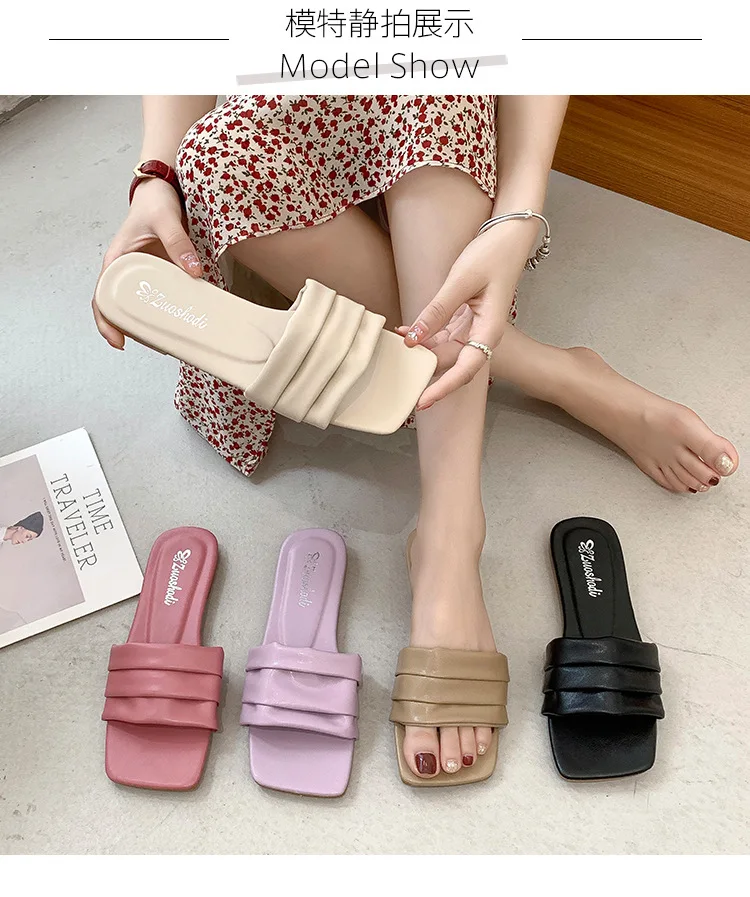 Solid color PU folding flat sandals slippers  W008