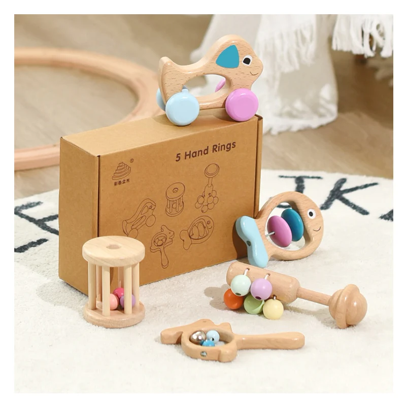 Factory Sale Baby Wooden Toys Early Educational Toys Biteable Hand Rattle Grasp Training Hand Ring Kids Teeth Toys Set