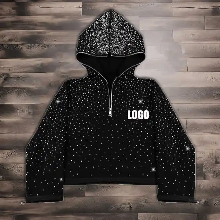 Salati Clothing Manufacture Hot Pressing Drilling Bling Diamond Quarter Zip Cropped Acid Wash Rhinestone Men's Hoodie Sweatshirt gallery 7