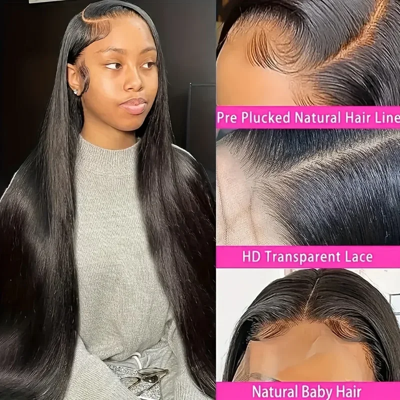 13x6 HD Lace Frontal Echthaar-Perücken, knochengerade, transparente Lace-Front-Perücken für Frauen, vorgezupft, 200 % Dichte_voghion.com
