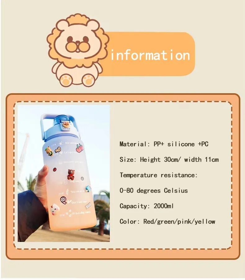 product custom bpa free plastic large capacity drinkware 2000ml  flip straw water bottle with time marker  diy stickers for sports gym-2