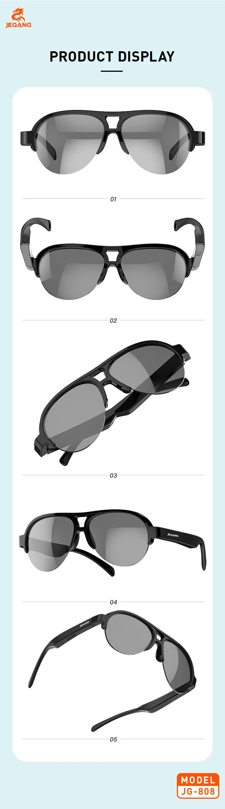 Jeqang-808 Smart Glasses New Release Intelligent Audio Harmful Light Blocking Clearer Field View IPX4 Waterproof Clearer Field