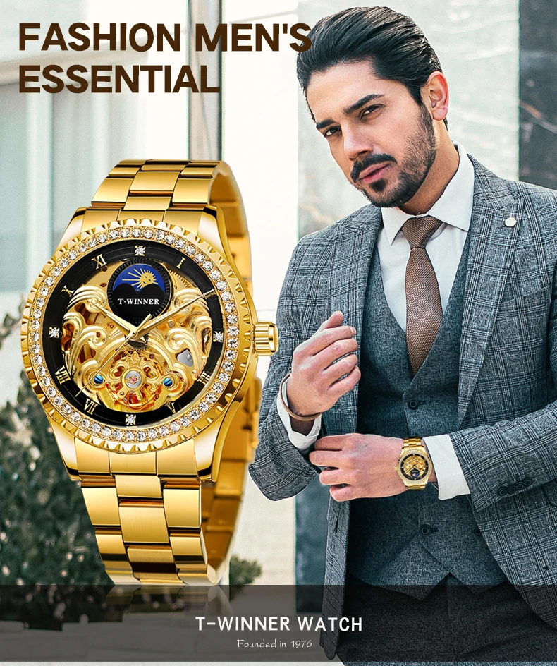 Men's Automatic Mechanical Watch Vintage Rhinestone Skeleton Design_voghion.com