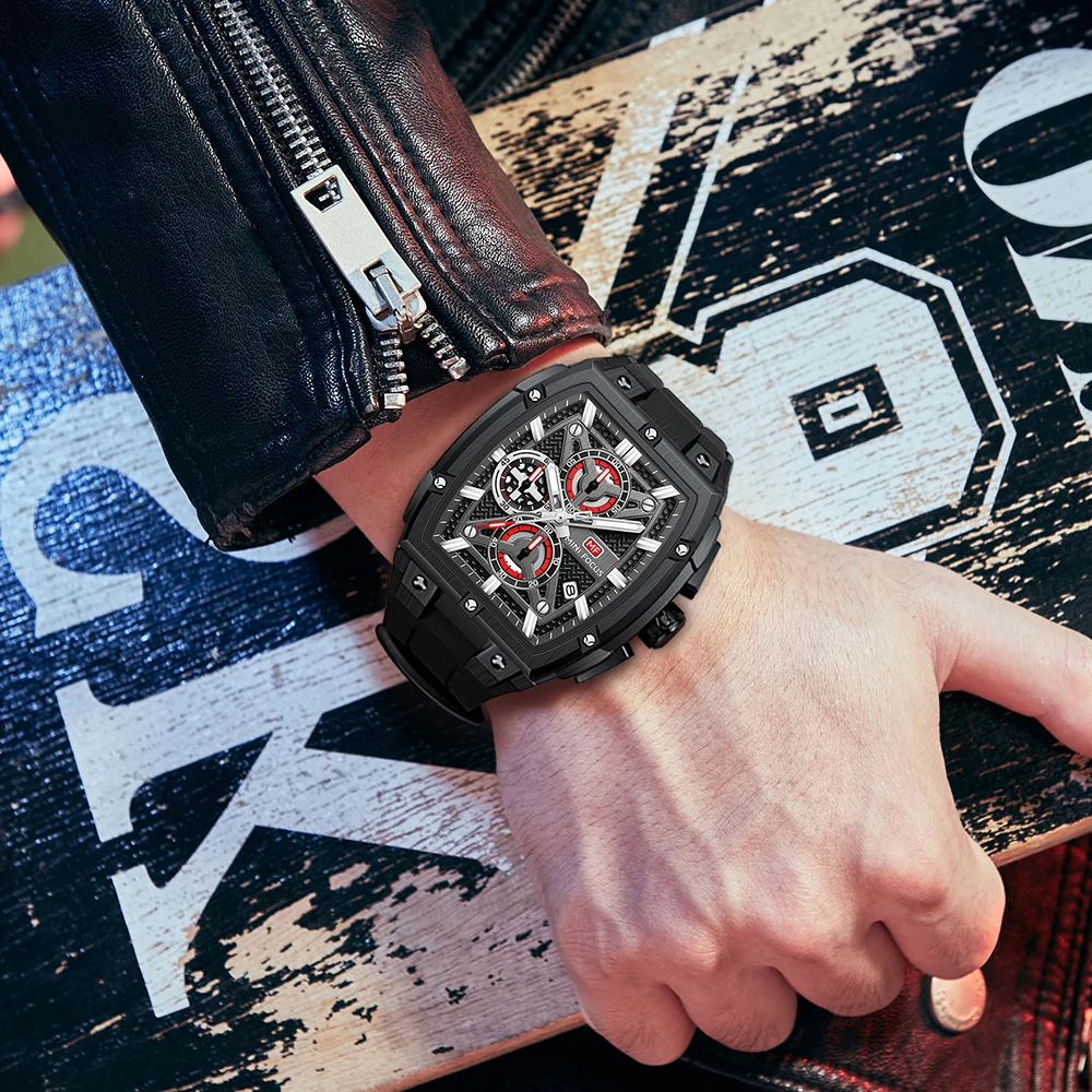 MINI FOCUS Chronograph Quartz Man New Model Watch for Men Sport Wristwatch with Black Rose Gold Silicone Strap MF0602G
