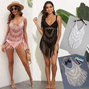JSN Sexy See-through Pure Hand Hook Fringe Patchwork Beach Bikini Smock Halter Skirt for Lady
