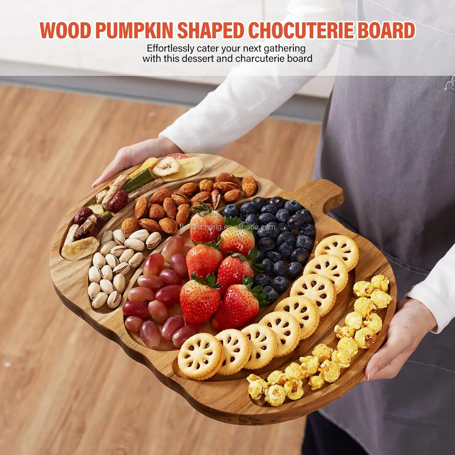 product pumpkin shaped wooden divided serving platter   charcuterie board for fruit snack  nut christmas party serving tray-3