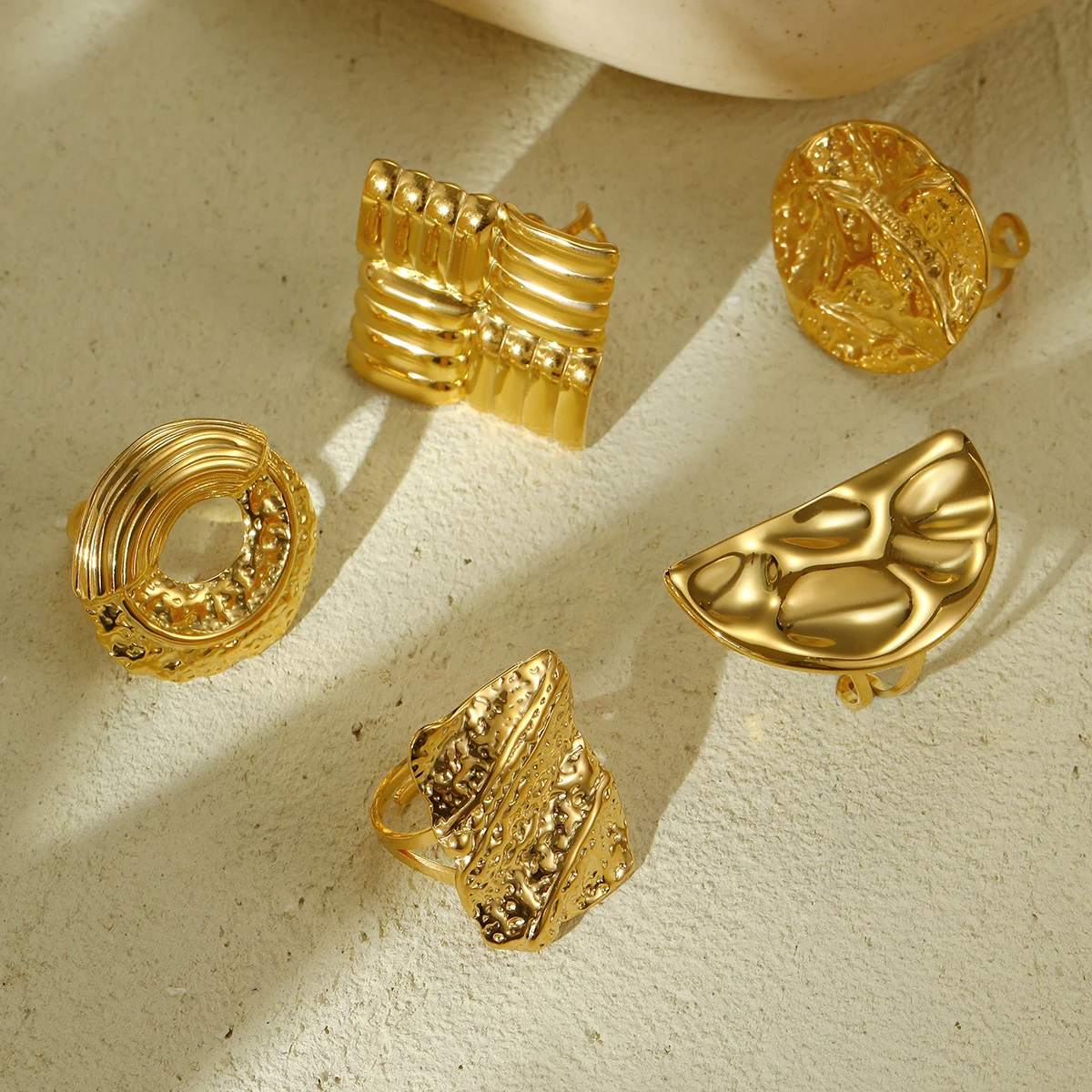 Chunky Irregular Geometric Hammered Lava Wrinkle Texture Rings  Womens Adjustable Opening Rings Stainless Steel 18K Gold Plated