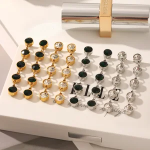 MW Trendy New 18K Gold Plated Stainless Steel Enamel Feather Shape Zircon Long Drop Tassel Women's Earrings for Party