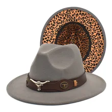 Inner Wide Brim Leopard Printed Outer Solid Color Fedora Panama Hats Wide Flat Brim Trilby Wool Felt Hat
