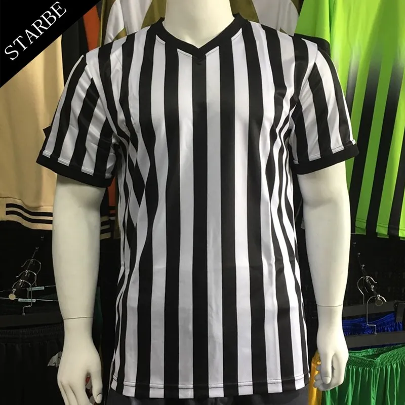 Juhai Court Uniform Striped Shape Short Sleeve V-neck Sweat Absorption  Anti-Deformed Referee Wearing Polyester Fiber Sporting Goods Collared  Referee