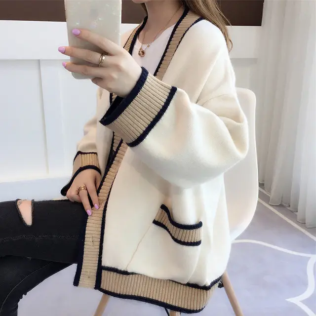Women's 2024 Spring New Casual Loose Cardigan Coat Single Breasted Pocket Long Winter Knitted Solid OEM Service Available