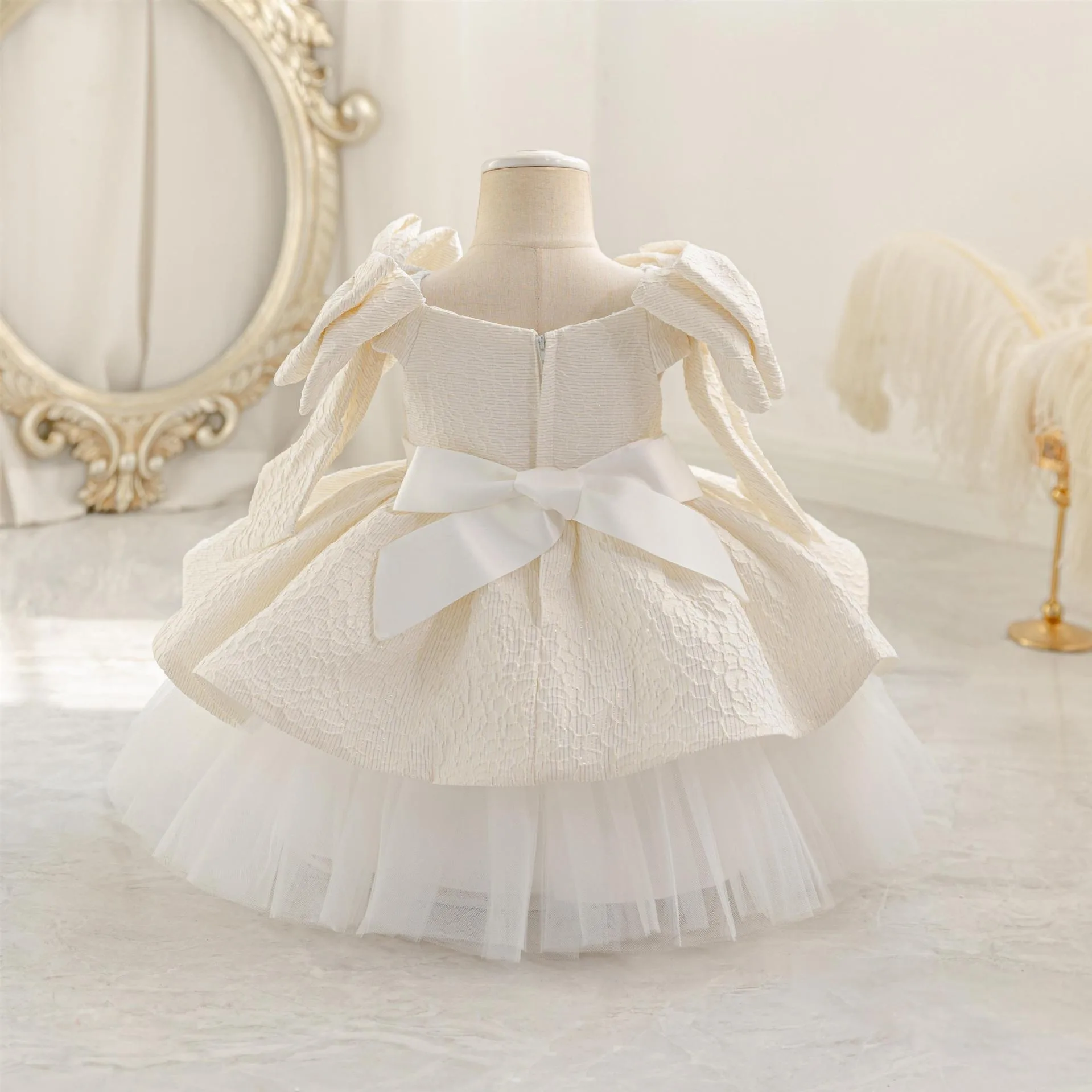 chinese dress ladies Cute Kids Layer Cake Princess Dress Round Neck White Lace Flower Girls Dresses, White / 10