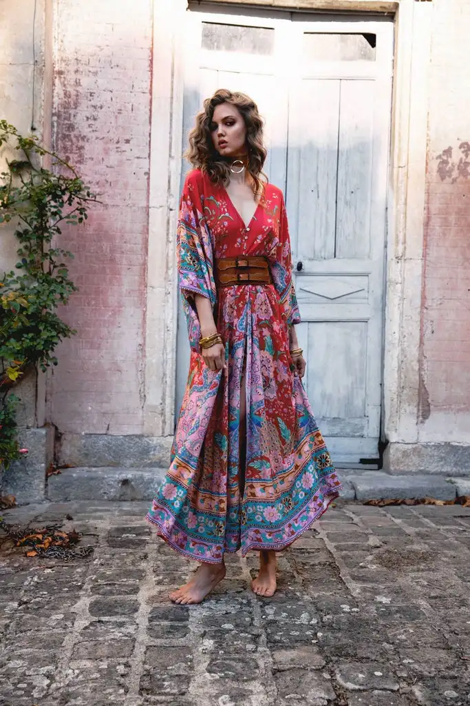 Wild Gypsy Red Bat Sleeve Maxi Dress 