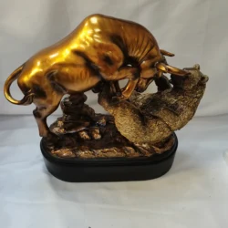 Wall Street Stock Market Charging Bull Trouncing Bear Statue with Pedestal Base