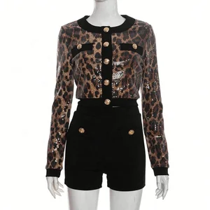 Dropshipping 2026 Woman Fall Winter Long Sleeve Sequined Leopard Print Wo Piece Women's Sets