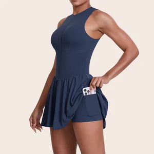 High Quality Zipper Stand Collar Dress with Anti-Slip Pocket Outdoor Running Tennis Skirt for Women Front Logo