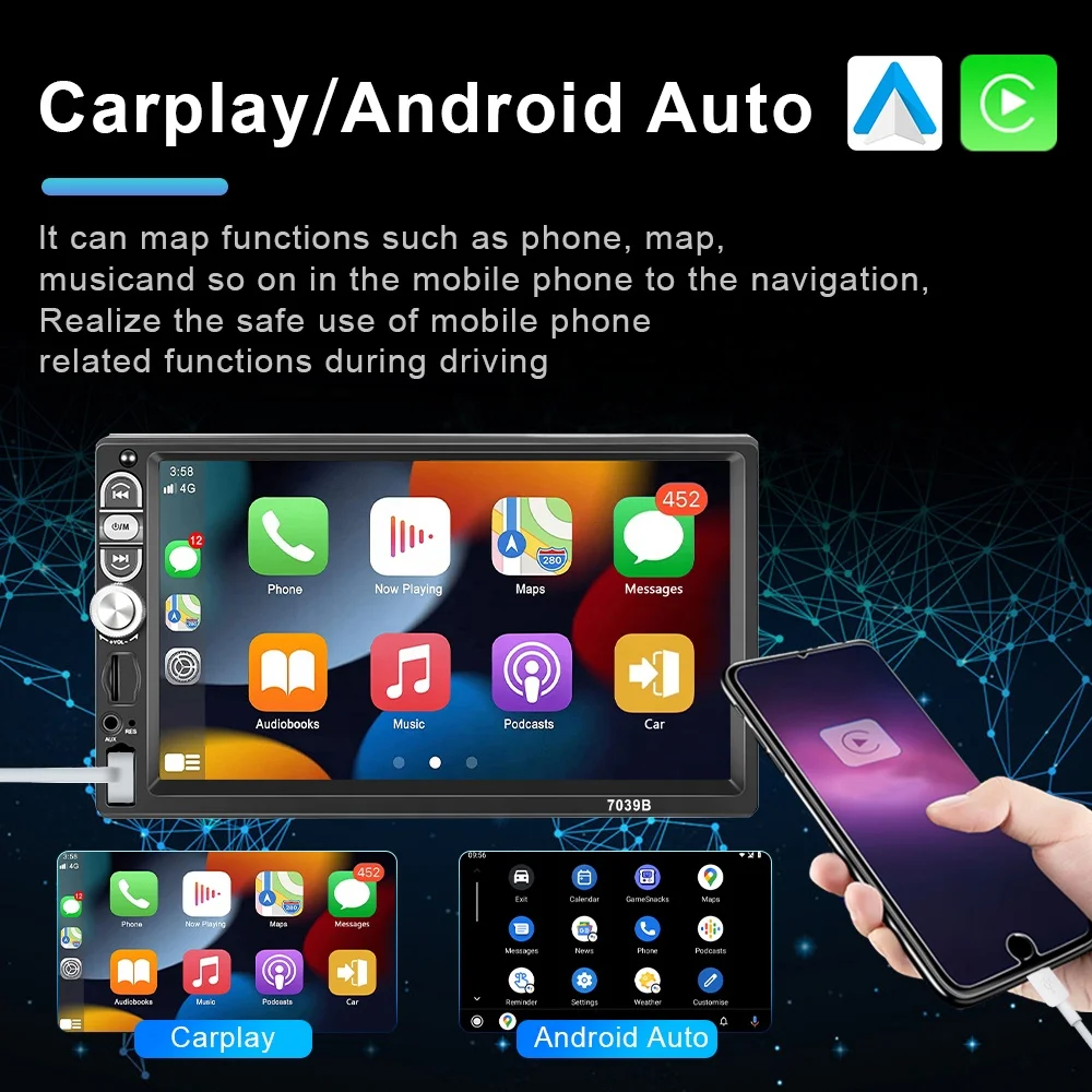 Draadloze Carplay autoradio 1 Din met Android Auto Bluetooth 7