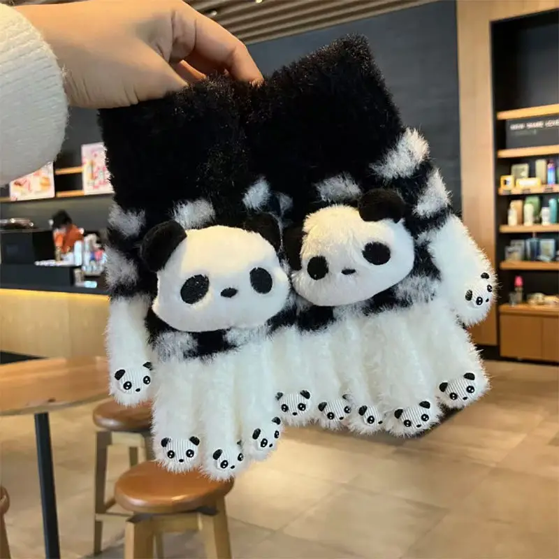 Толстые перчатки для печати текстовых сообщений Полные Пальцы животных панда Мультяшные плюшевые теплые взрослых милые защиты рук