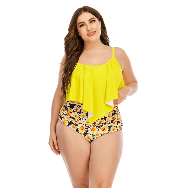 Custom Logo Women Plus Size Yellow Ruffle Swim Top Sunflowers Printed High Waisted Yellow Swimwear 5xl