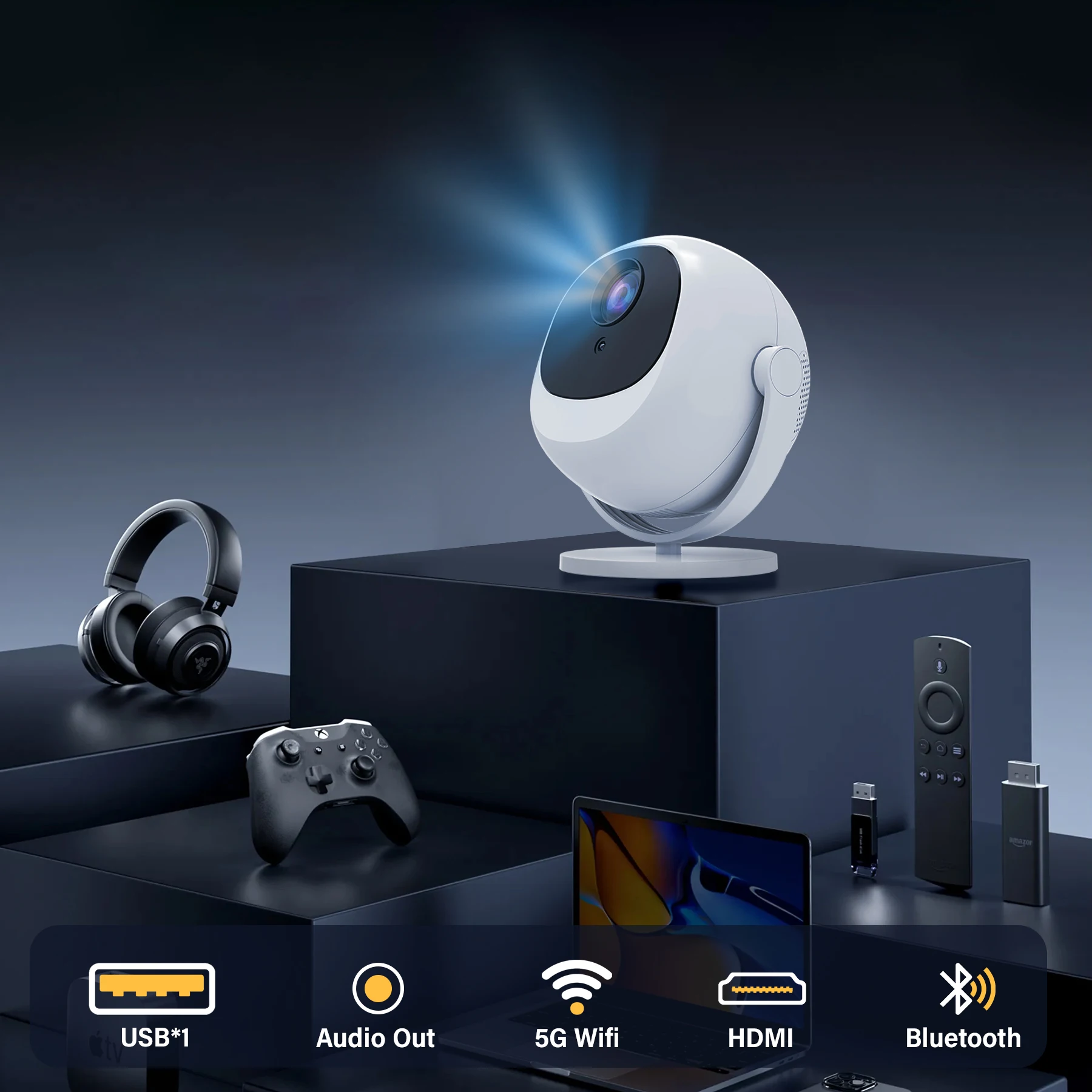P360 PTZポータブル調整可能ミニプロジェクター WiFi BT 5.0 720P 150