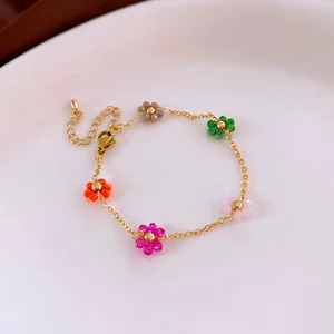 Colorful Beaded Flower Bracelet Gold Plated Chain Adjustable Bracelet for Women Handmade Bohemian Floral Jewelry Gift