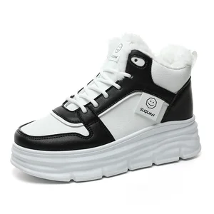 W3633 Colored Plush Cotton Shoes Winter New High Rise Thick Soled Student Board Shoes Women's Warm Casual Sports Shoes