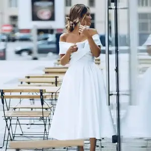 Elegant French off Shoulder Midi Inspired Strapless Satin Wedding Dress Playful European  American Style