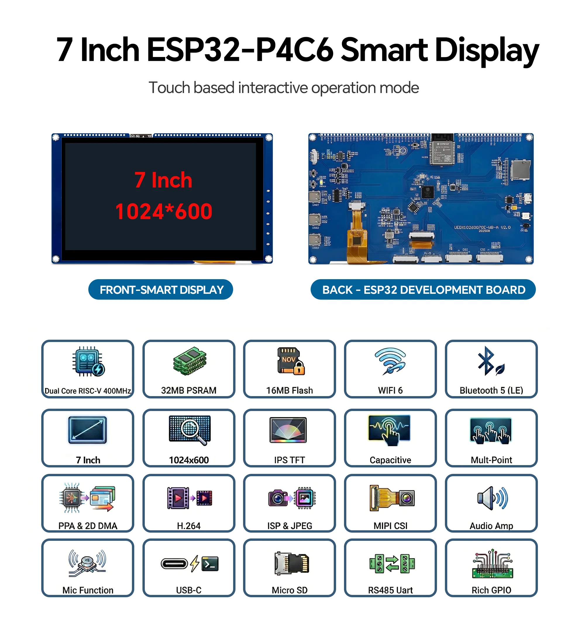 7inch 1024*600 RGB ESP32-P4 TFT Display with Development Board/ 2 ...
