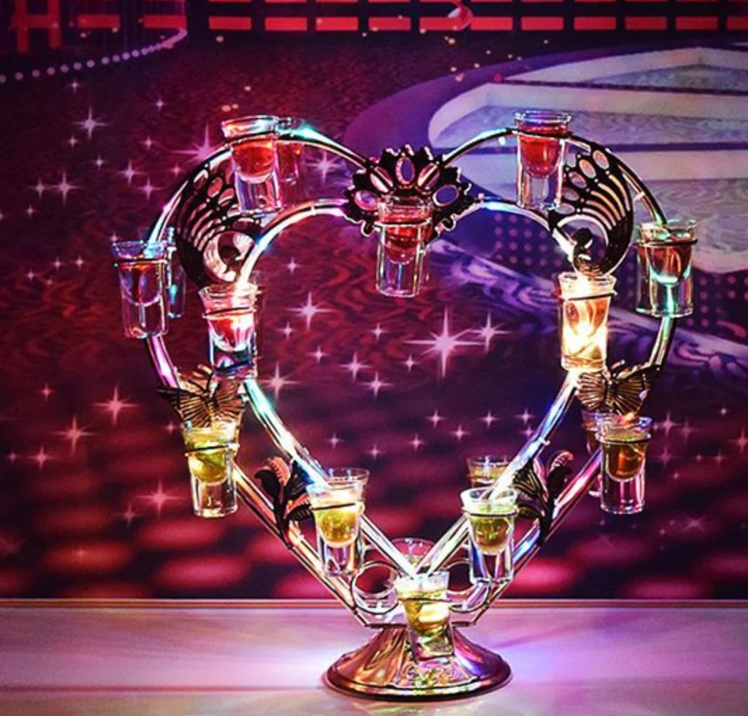 Customized Logo Color Changing Heart Shape Wine Stand Rotating Glass LED VIP Service Tray