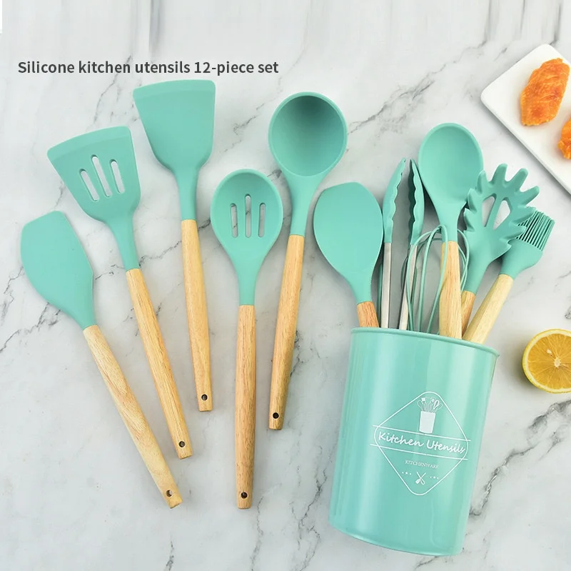 product silicone cooking kitchen utensils set with holder wood handle bpa free heat resistant spatula set nonstick cookware-57